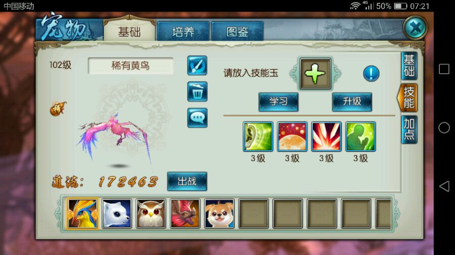 诛仙手游稀有鸟打什么技能